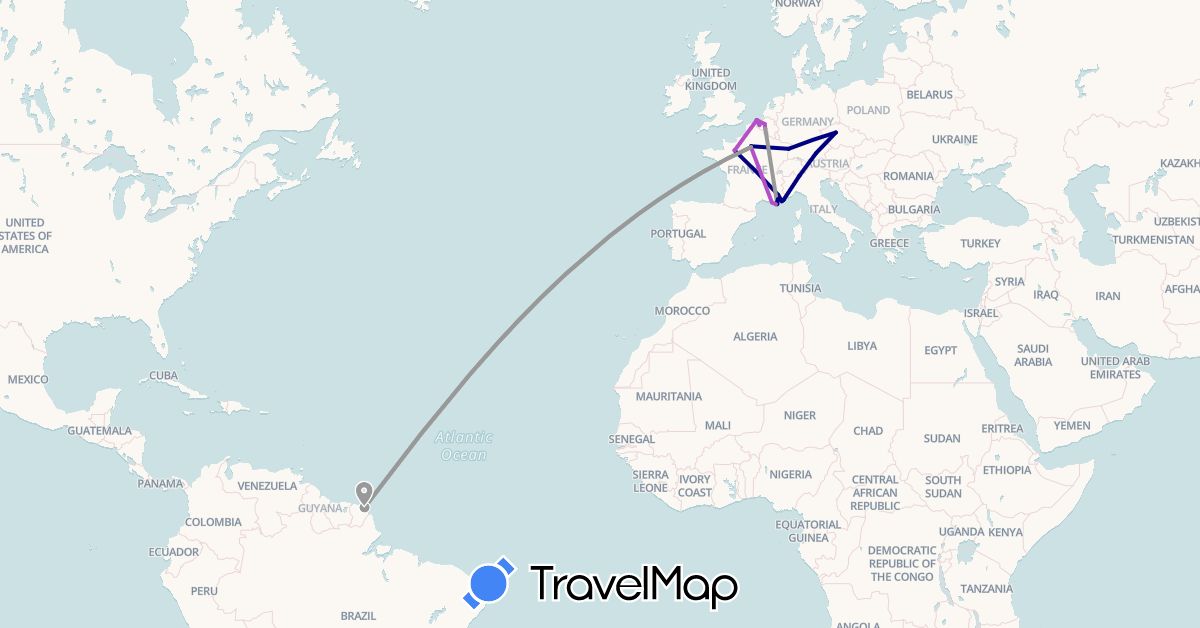 TravelMap itinerary: driving, plane, train in Belgium, Czech Republic, Germany, France, French Guiana, Italy (Europe, South America)